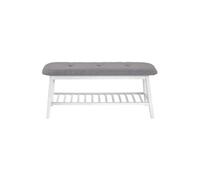 Banc en bambou laqué blanc et tissu coloris gris - Longueur 100 x Hauteur 44 x Profondeur 30 cm --
