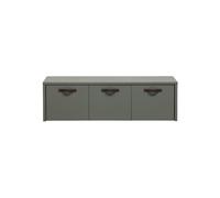 Banc en pin laqué gris, 3 places, 3 bacs de rangement, FSC, poignées cuir brun, sur roulettes - VT wonen, Stage - 120x50x36 cm