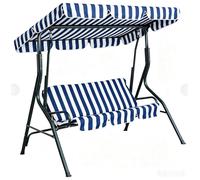 Banc-hamac de jardin style Hollywood - 3 places avec toit - Toit ensoleillement réglable - Structure en métal - Coussins épais - Capacité jusqu'à 225 kg - Bleu et blanc