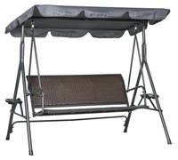 Banc-hamac de jardin style Hollywood - 3 places - Tressage en polyrotin - Toit réglable - Structure en acier - Porte-gobelets - Dimensions : 204 x 112 x 150 cm - Couleur : marron café