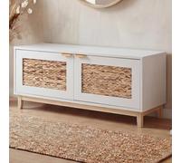 Banc HWC-P54, banc de vestiaire, étagère à chaussures, rangement à chaussures, MDF mélaminé, façade en jacinthe d'eau 45x100x42cm blanc