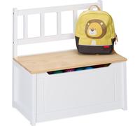 Banc pour enfants Relaxdays avec espace de rangement, couvercle rabattable, dossier, H x l x P : 55 x 57 x 31 cm, enfants, coffre à jouets, blanc/naturel