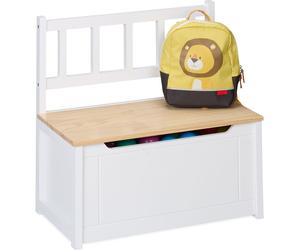Banc pour enfants Relaxdays avec espace de rangement, couvercle rabattable, dossier, H x l x P : 55 x 57 x 31 cm, enfants, coffre à jouets, blanc/naturel