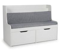 Banc pour enfants Relaxdays avec rangement, H x l x P : 70 x 100 x 45 cm, banc de lecture, 2 tiroirs, tablette à livres, coussin d'assise, blanc/gris