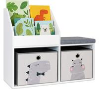 Banc pour enfants Relaxdays avec rangement, L x l x h : 72 x 79 x 31 cm, 2 bacs pliants à motifs d'animaux, étagère, coussin d'assise, blanc/gris
