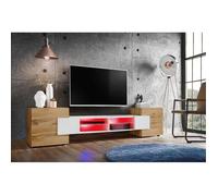 Banc TV Merano Version 1 Komodee - avec eclairage LED RGB - Bois Naturel et Blanc - 230 x 53 x 35 cm