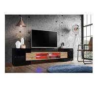 Banc TV Merano Version 1 Komodee - avec eclairage LED RGB - Noir et Bois Naturel - 230 x 53 x 35 cm