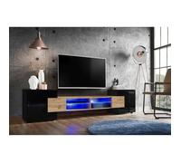 Banc TV Merano Version 1 Komodee - LED Bleues - Bois naturel Mat et Noir - 230 x 53 x 35 cm