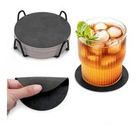 Banchif Dessous de Verre en Cuir Double Face Lavable Rond Lot de 16 | Similicuir Dessous de Verre en Cuir Antidérapant Résistant à la Chaleur Dessous de Verre, diamètre de 10 cm Gris Foncé, Noir