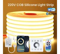 Bande lumineuse LED COB à intensité variable, 220V, WIFI, Bluetooth, commande tactile murale, télécommande à 23 touches, Kit d'alimentation, 288LED/M, lampe flexible étanche Natural white