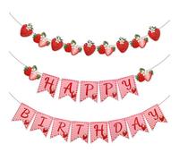 Banderole D'anniversaire Fraise, Décorations de Fête sur le Thème de la Fraise Bannière Joyeux Anniversaire à Suspendre pour Fête Prénatale