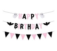 Banderole Joyeux Anniversaire pour Halloween, Toile de Fond Noire et Rose Guirlande en Papier Motif Fantôme Chauve-Souris Triangle Décorations pour Fêtes d'Halloween