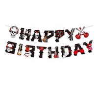 Banderole Joyeux anniversaire sur le thème du rock, guirlande en papier avec notes de musique rock rétro, noire et rouge, pour décoration d'anniversaire rock des années 50 et 60