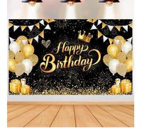 Banderole Joyeux Anniversaire,Toile de fond Happy Birthday Noir et or Banderole Grand Tissu de Photographie Bannière Photo pour Deco
