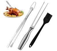 Bangbobi - Set Fourchette à Viande INOX avec Pince de Grillade & Pinceau en Silicone, Outil de Cuisine 3-en-1 Polyvalent pour Grillades, Rôtis & Service