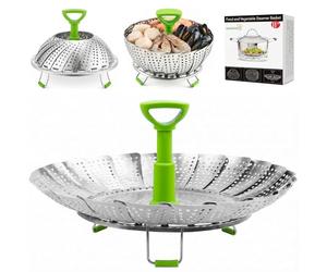 BangShou Panier Vapeur Inox, 11'' Cuit Vapeur Inoxydable pour Autocuiseur avec Manche Télescopique, Panier pour Cuire à la Vapeur, Fleur Marguerite Cuisson Vapeur, Pliable Vegetable Steamer Accessoire