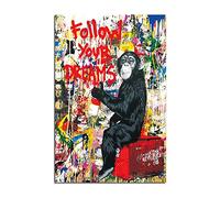 Banksy Graffiti Painting Art Décor Singe Suivez Vos Rêves Impression sur Toile Tableau Pop Art Chambre Enfant Decoratifs Muraux Salon Moderne Decoration Murale (Avec cadre, 75x100cm)