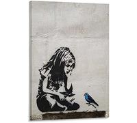 Banksy Graffiti Toile Art Décor Girl with Blue Bird Tableau Pop Art Chambre Enfant Decoratifs Muraux Salon Moderne Decoration Murale (Avec cadre, 30x50cm)