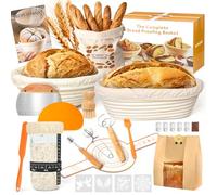 Banneton Pour Pain, Kit Boulangerie Levain 15 Pièces, Corbeille a Pain en Rotin Naturel (23 cm Rond + 25 cm Ovale), avec Corne, Toile en Lin et Accessoires pour la Fabrication du Pain (Orange)