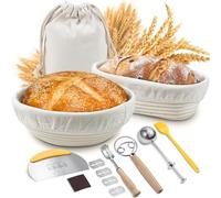 Banneton pour Pain, Sopito Corbeille a Pain (23cm Ronde et 24.5cm Ovale) avec Grattoir à Pâte, Mélangeur à Pâte, Lame à Pain, Tamis à Sucre, Idéal Set de Paniere a Pain pour les Pains et Levains
