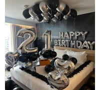 Bannière d'anniversaire de fête d'anniversaire en argent noir, ballon en aluminium en forme de cœur, pétales de Rose, anniversaire, décoration d'ambiance Black Silver 20