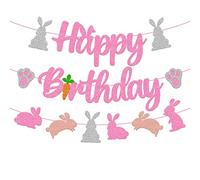 Bannière d'anniversaire de lapin - Décorations de fête d'anniversaire - Oreilles de lapin - Carotte - Thème de la fête de Pâques - Pour enfants, garçons et filles - Fournitures de fête prénatale (rose