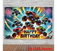 Bannière d'anniversaire de monster truck vibrante en fibre de polyester, décoration murale festive d'intérieur et d'extérieur, sans électricité requise, 39*59 pouces, 70,8*90,5 pouces, très appropriée