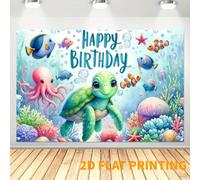 Bannière d'anniversaire et tortue de l'aventure sous-marine en 2D - Fond de fête thème océanique en polyester, 1 pièce, accessoires décoratifs de table de gâteau thème océanique, cadre photo, sans éle