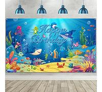 Bannière d'anniversaire sous la mer - Décoration de fête d'anniversaire - Toile de Fond - Dauphin et Requin - Fournitures pour fête d'anniversaire d'enfants, fête prénatale, 183 x 119 cm
