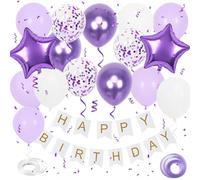Bannière d'anniversaire violette et ballons pour murs, fenêtres, plafonds - Kit de décoration complet avec ballons en latex double couche, bannière de lettres dorées, rubans serpentins pour tous les