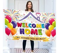 Bannière de bienvenue Welcome Home - 1,5 x 0,9 m avec 4 trous en laiton - Impression numérique vive - Polyester épais 110 deniers - Double couture pour fête prénatale, fête de famille