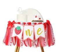 Bannière de chaise haute pour 1er anniversaire thème fraise en macramé, chapeau de fête pour 1er anniversaire, cartes avec rubans en nœuds papillon et glands, décoration de fête thème fraise, accessoi