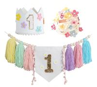 Bannière de chaise haute pour le 1er anniversaire avec fleurs de marguerites colorées, chapeau d'anniversaire à fleurs de marguerites, chapeau de fête pour le 1er anniversaire, guirlande à franges de 