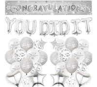 Bannière de félicitations - Décorations de fête de remise de diplôme - Ballons argentés « You Did It » - Décoration « Well Done » - Étoile, cœur et ballon en latex pour la retraite et la réussite