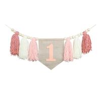 Bannière de fête d'anniversaire, Joyeux Anniversaire Banderole, Guirlande Joyeux fête, Decoration en Bois et Pompons avec Perles pour Chaise Haute, Décoration Suspendue pour Fête, Célébration