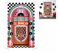 Bannière de fête rock'n'roll des années 50 avec juke-box, guitare, voiture classique et décor vinyle - Fond en polyester de 165 x 98 cm, idéal pour un mur de photos, un dîner à thème ou une décoration