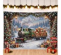 Bannière de fond de Noël en train à vapeur d'hiver 180,3 x 109,2 cm | Ours en peluche, toile de fond pour photographie, forêt d'hiver, guirlandes de pin, paysage enneigé, train festif