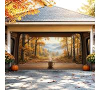 Bannière de garage 398,8 x 180,3 cm paysage de forêt d'automne confortable | Tasse à café vapeur, toile de fond de porte de garage, arbres dorés, porche en bois rustique, paysage boisé