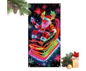 Bannière de Noël pour Porte Grand 2D Père Noël Dessin animé Lumineux | Affiche de porte des fêtes d'hiver 89 x 180 cm pour Extérieur Maison Salon Chambre Salle de Bains Mur de