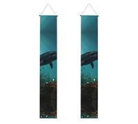 Bannière de porche sous-marine avec épave en ruine de dauphins - Bannière de porte « Happy Birthday » - Bannière de fête - Fond photo - Panneau de porte d'entrée pour fête de bienvenue - Décoration