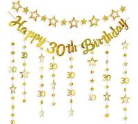 Bannière dorée pour 30e anniversaire - 4 pièces - Guirlande dorée « Happy 30th Birthday » - Numéro 30 - Cercle à pois - Guirlande d'étoiles scintillantes à suspendre pour Happy 30 Year Old 30
