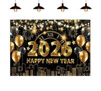 Bannière du Bonne Année pour Nouvel an 2026, Noir Or Toile de Fond en Tissu Extra Large Bonne Année pour Décorations, Fond Feu d'Artifice Horloge pour Fournitures de fête de New Year's Eve(180*110cm）