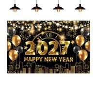 Bannière du Bonne Année pour Nouvel an 2027, Fond en Tissu Extra Large | Bonne Année Noir Or Toile de Décorations, Fond Feu d'Artifice Horloge pour Fournitures de fête de New Year's Eve(180*110cm)