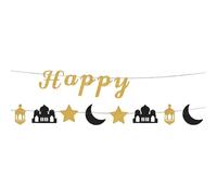 Bannière Eid Happy dorée pailletée, guirlande pré-enfilée lune et étoile, décoration de fête noir et or, pancarte thème moyen oriental pour célébration de l'Aïd, décoration maison