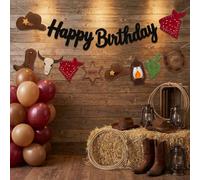 Bannière en feutre Happy Birthday Cowboy Occidental, Chapeau de Cowboy, Bottes, Bandana, Crâne de Taureau, Badge de Shérif, Cactus, Fer à Cheval, Lanterne, Décoration Murale Thème Fête d'Anniversaire 