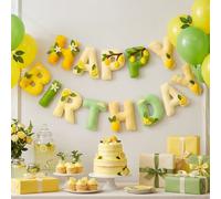 Bannière en feutre thème citron Happy Birthday, drapeau à tirer avec tranches de citron, citron entier, fleurs et feuilles, guirlande pour décoration de fête citron, décoration de fête d'anniversaire