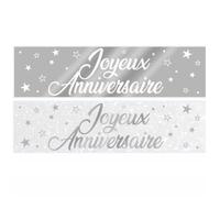 Bannière - Joyeux Anniversaire - Blanc et Argent - 61cm x 16cm - Papier cartonné - Lot de 2