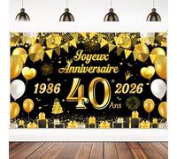 Bannière Joyeux Anniversaire Decoration 40 Ans - Or Noir Décorations Toile de Fond 180 x 110 cm, Banderole de Fête D'anniversaire Photographie 40 Hommes Femmes