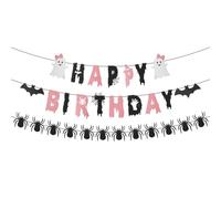 Bannière Joyeux Anniversaire Halloween, Pré-Enfilée Décorations de Fête à Paillettes Roses Noires Guirlande avec Fantômes Chauves-Souris et Araignées pour Fêtes d'Anniversaire Filles Enfants