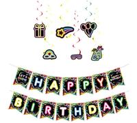 Bannière néon Happy Birthday, lot de 21 pièces, décorations d’anniversaire avec guirlandes suspendues lumineuses, lettres colorées sur fond noir, déco disco glow pour chambre, plafond et mur